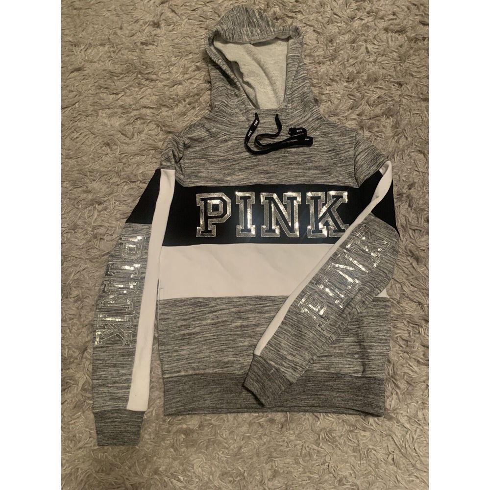 NWT Victorias Secret PINK Hoodie Graphic Bling Sweatshirt White Gray Black Sz XS
